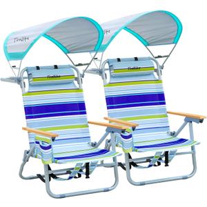 2 Pack Backpack Beach Chairs with Canopy Headrest Cooler Bag Cup Holder Towel Bar 4-Position Recline Wooden Armrests Aluminum Frame Folding Beach Chair for Adults Camping Supports 400 lbs