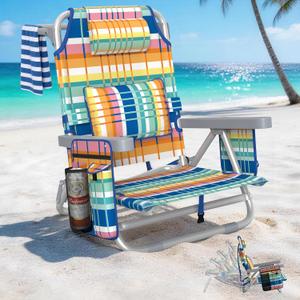 5-Position Backpack Beach Chair for Adults with Lumbar, Foldable Tall Heavy-Duty Beach Chairs with Cooler Bag,Cup Holder,Towel Rack for Beach, Camping, Outdoor (1, Rainbow)