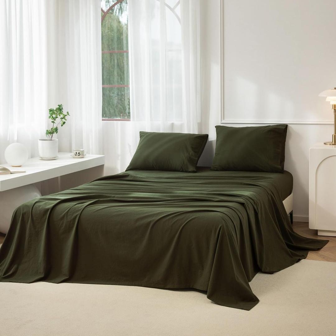 JIYUAN Queen Size Sheet Set, 4-Piece - 100% Washed Cotton, Linen-Like Soft & Breathable, Includes Deep Pocket Fitted & Flat Sheet with 2 Pillowcases, Hotel Quality, Solid Olive Green