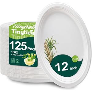 Tinybee Compostable Plates Heavy Duty 12 Inch - 125 Pack Paper Plates Eco-Friendly Large Paper Plates Microwave-Safe, Soak-Proof, Cut Resistant, Disposable Plates for Dinner BBQ Picnic Party, White
