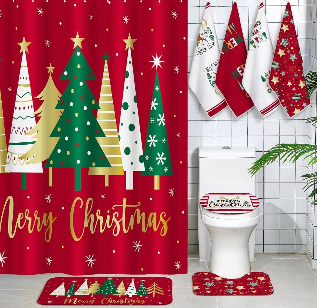 Honoson 7 Pcs Christmas Shower Curtain Set with Rugs and Kitchen Towels Farmhouse Christmas Tree Shower Curtain Bathroom Set for Farmhouse Country Summer Halloween Housewarming Gifts Decor