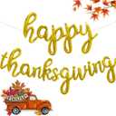 Happy Thanksgiving Gold Letter Balloons, 18 Inch Friendsgiving Decorations Script/Cursive Mylar Balloons Garland Autumn Fall Harvest Party Favors for Outdoor Indoor Bathroom Yard Window Home Bedroom