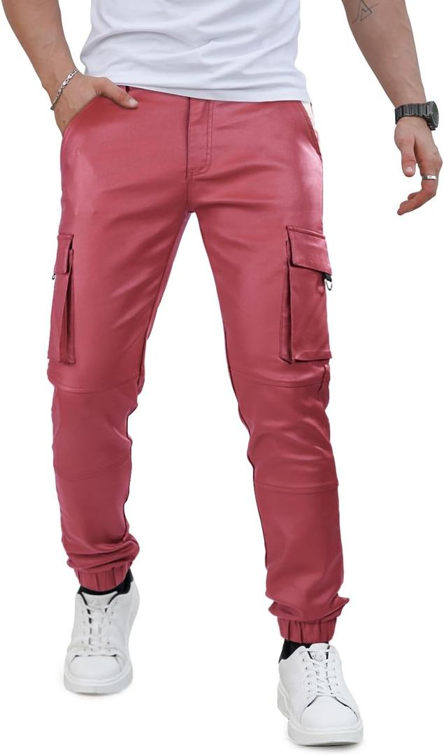 GINGTTO Mens Cargo Pants Slim Fit Leather Joggers Pants for Men Motorcycle Pants