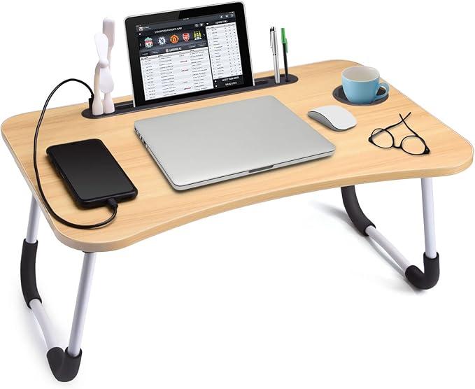 Slendor Lap Desk with Cup Holder, Foldable Laptop Table for Bed, Portable Bed Desk for Laptop and Writing, Computer Tray with Tablet Slot, Notebook Stand Reading Holder for Couch Sofa Floor, Walnut