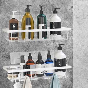 2 Pack Adhesive White Shower Caddy Organizer with Hooks, Rustproof No Drilling Wall Mounted Storage Shelf Rack for Inside Shower/Bathroom/Kitchen
