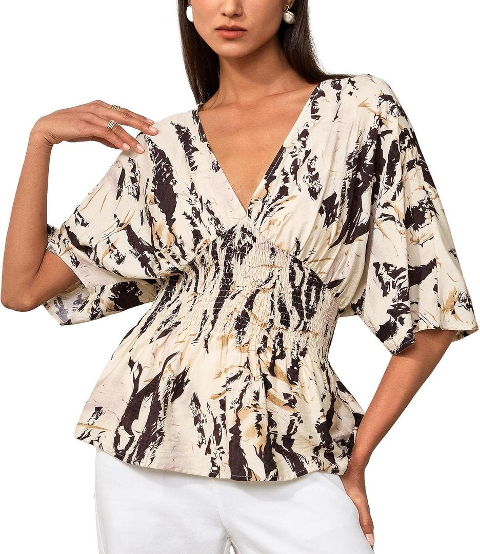 Women's Short Sleeve Blouse, Casual Top for Daily, Work & Vacation Outfits (Beige)