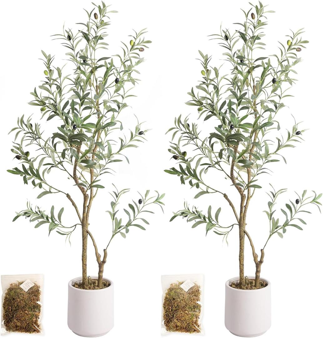 MCTYBB Artificial Fake Olive Tree 4FT Tall 2Pack with White Planter Faux Silk Olive Tree for Home Living Room Office Decor Faux Artificial Plants Indoor with Fruit & Free Moss