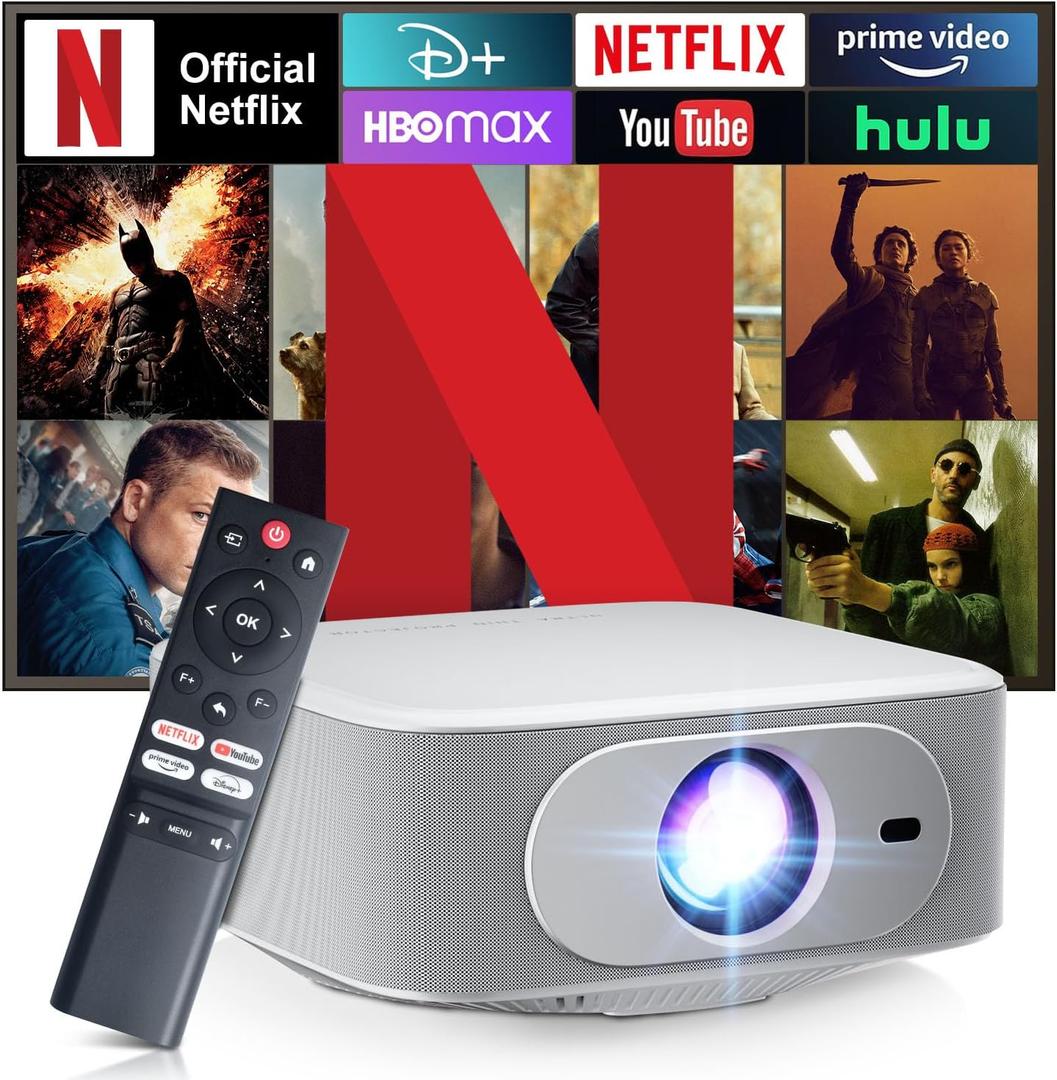 [Netflix Licensed] Smart Projector with Built-in Apps, Wifi Bluetooth, 1080P Native 4K Mini Projector, 400 ANSI Lumen, Auto Keystone/Electric Focus, Android 13 NTV, Outdoor Movie Projector, by Salange (white)