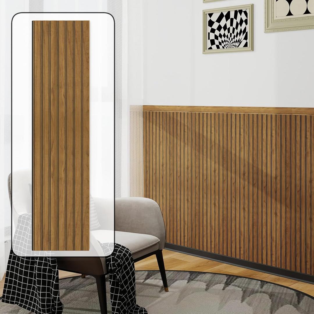 RODENET Wall Wainscoting Panel Kit, 8-Pack 38.6"x9.8"(98x25cm) Slat Panels with 2-Pack Molding Trims, Beadboard Board and Batten Panels, DIY Wall Panel Kit - Cover 21.6 Sq.Ft (Teak)
