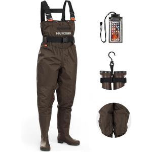 HUNTSEN Fishing Waders for Men Women - 2-Ply Nylon/ PVC Waterproof Hunting Chest Waders with Boot Hanger, Phone Case Brown Size M-11