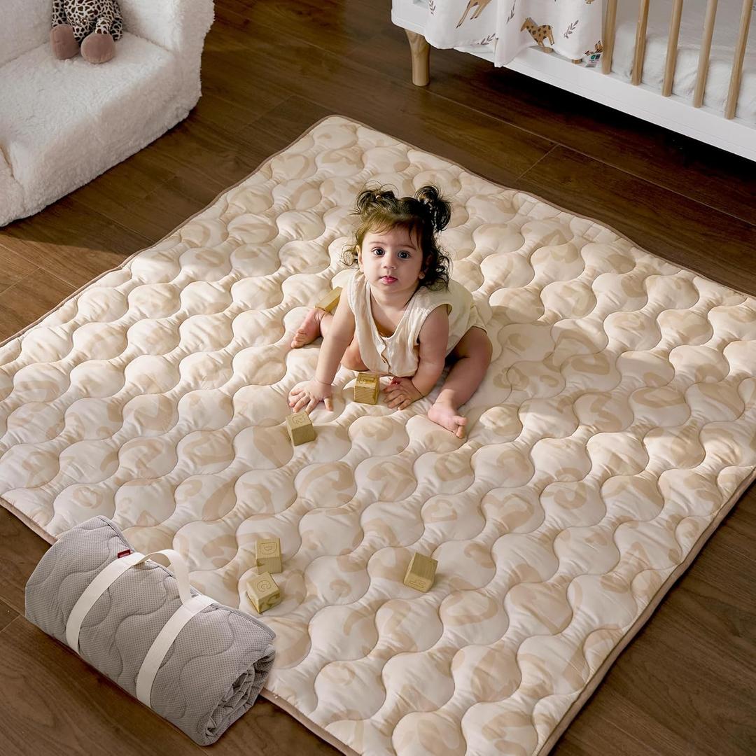 Momcozy Baby Play Mat for Floor, 50x50 Thickened Playpen Mat, Playmate for Baby Tummy Time, Waterproof & Non-Slip, Foldable Outdoor Mat with Carrying Handle, Leopard Heart 