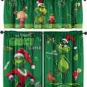 SUNWISHA Christmas Curtain Valance Set - Green Funky Whimsical Holiday Scene with Puppies/Stars/Lights - Playful Kitchen/Bedroom Decor - Upper & Lower Curtains, 52'' L x 18'' W & 36'' L x 26'' W