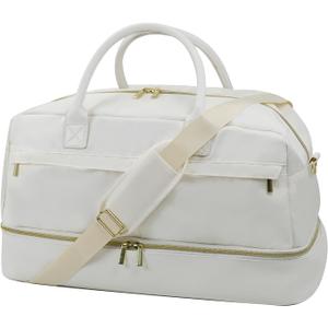 Travel Duffle Bag for Women, Weekender Bag with Shoe Compartment, Carry-On Personal Item, Nylon Gym Tote with Trolley Sleeve, Detachable Adjustable Shoulder Strap, Overnight Travel Tote Bag (White)
