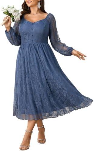 SCOMCHIC Womens Plus Size Cocktail Dress Wedding Guest Lace Long Sleeve Formal Party Maxi Dresses XX-Large Plus