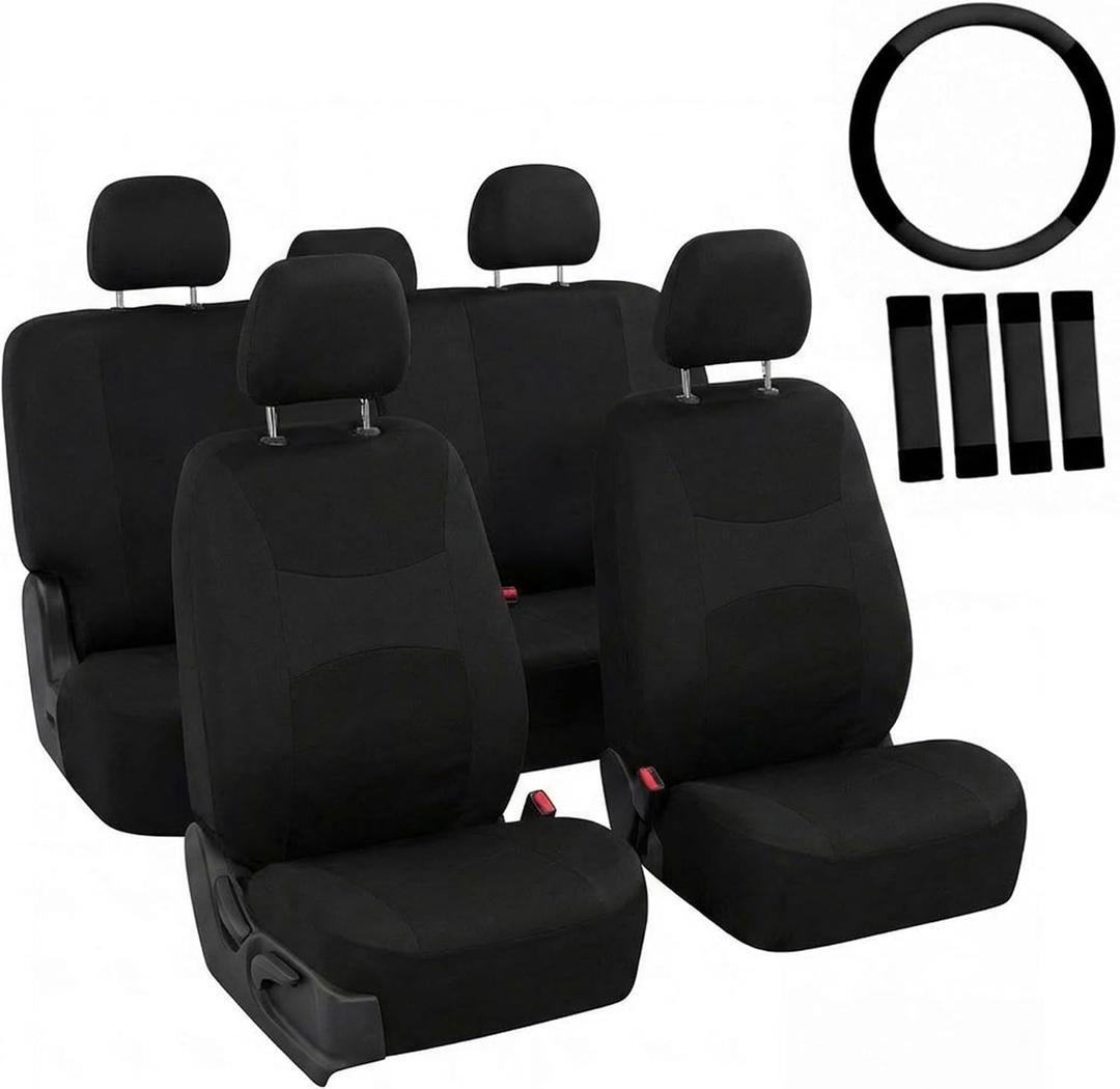 FH Group Full Set Cloth Car Seat Covers, Universal Fit Front and Split Bench Rear, Airbag Compatible, Washable for SUV, Sedan, Van - Black