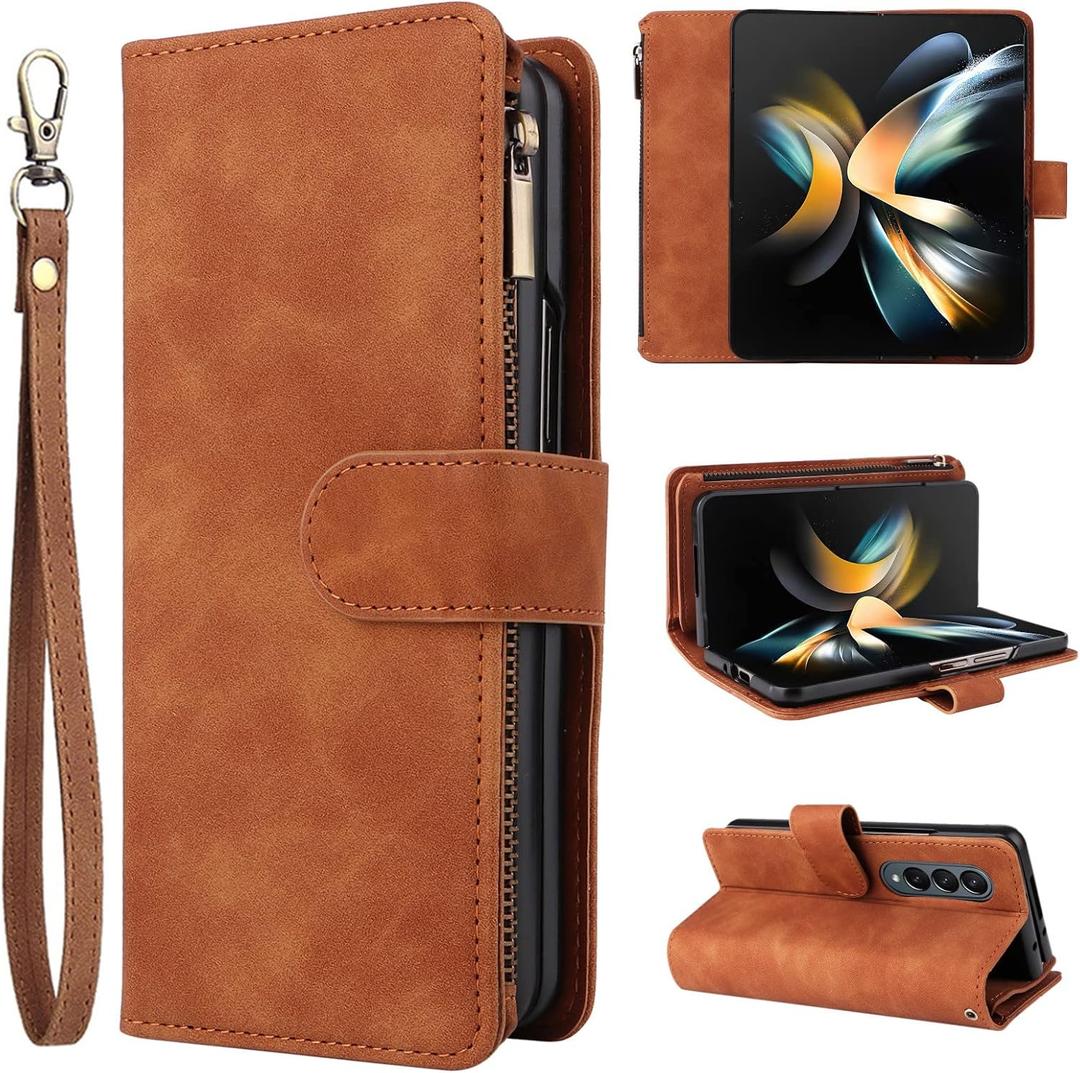 ZZXX for Galaxy Z Fold 4 Wallet Case Zipper Pocket 7.6 inch,Brown