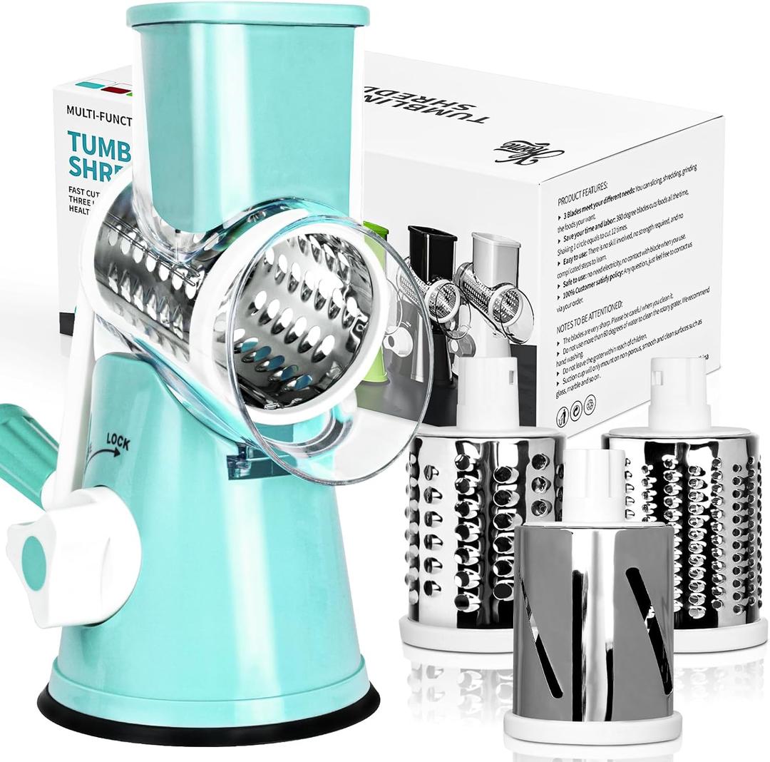 X Home Rotary Cheese Grater for Kitchen, Shredder with 3 Interchangeable Blades, Rotary Grater with Handle and Strong Suction Base, for Vegetables, Fruit, Nuts, Easy to Use and Clean, Blue