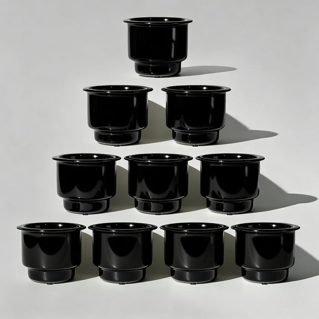10 PCS Boat Cup Holder Insert, Plastic Cup Holder for Boat, Marine Drink Holder Replacement with Drain for Marine Boats, Deck, Car, RV, Camper (Black)