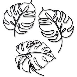 Monstera Leaf Metal Wall Decor - Tropical Plant Line Art Decor for Living Room Kitchen Bedroom Garden Office, Minimalist Wall Accents,3 Pcs Metal Palm Leaves Wall Decor (7.32" to 11.81" Sizes, Black)