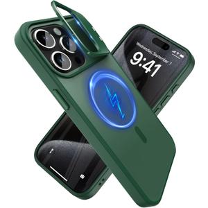 YFEMLAZ for iPhone 15 Pro Max Case(Built-in Invisible Kickstand) Heavy Duty MagneticCompatible with MagSafe Military-Grade Drop Protection,Translucent Matte for iPhone 15 Pro Max Case 6.7",Green