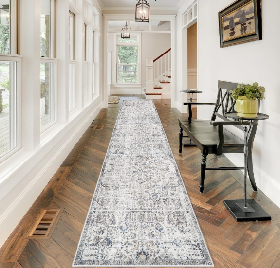 Hallway Washable Runner Rug - 2'6x12 Kitchen Runner Rugs with Non Slip Backing Indoor Farmhouse Carpets for Living Room Bedroom Vintage Mat Floor Decoration Carpet 2'6''x12' Grey Brown/Blue