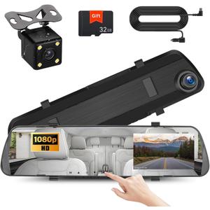 UNITOPSCI Mirror Dash Cam 4 Inch Rear View Mirror Camera 1080P Front and Rear View Dual Cameras with 32G Card, Motion Detection, Night Vision, Parking Assistance, Loop Recording, 24H Parking Monitor