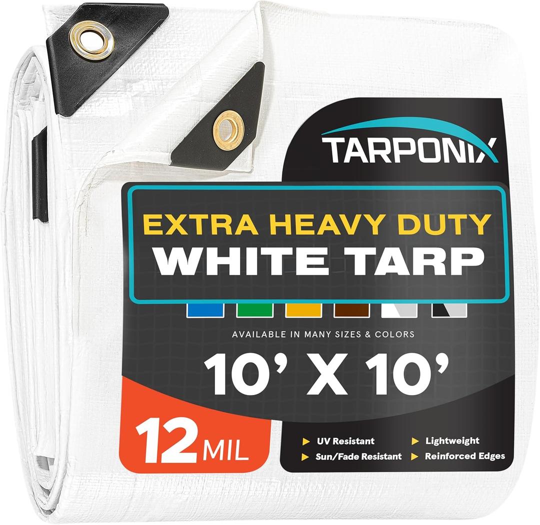 10' x 10' Extra Heavy-Duty White Poly Tarp 12 Mil Thick, Waterproof, UV-Resistant Polyethylene with Reinforced Edges, Double-Stitched Hems, and Rustproof Grommets