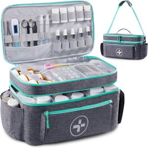BAGSFY Travel Medicine Bag Organizer, Medical Bag Empty, Pill Bottle Organizer for Home, Large Medication Storage, Travel Carrying Case First Aid Kit Bags Empty, Emergency Kit. (Double-Layer(Style A), Grey)
