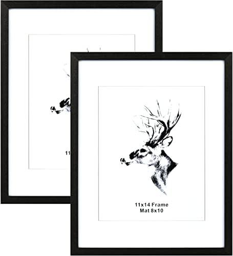 Yaetm Black Wood 11x14 Picture Frame with Mat for 8x10 Set of 2, Solid Wood Photo Frames with Tempered Glass, 11 x 14 Frames for Wall Mounting (2 pack, Black)