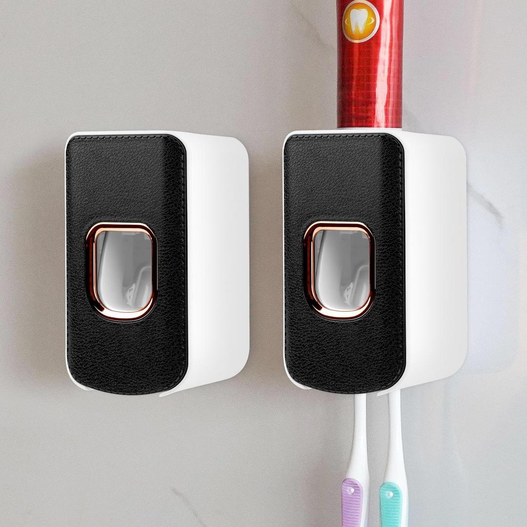2 Slot Toothbrush Holder and Toothpaste Dispenser Wall Mounted, Automatic Toothpaste Squeezer, 2 in 1 Tooth Brush Toothpaste Organizer for Shower (Black, 2 Pack)
