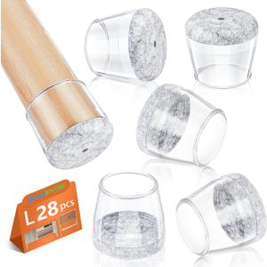 28Pcs Chair Leg Floor Protectors for Hardwood Floors Round Silicone Chair Foot Covers with Thickened Felt Pads Furniture Leg Caps Prevents Scratches and Reduce Noise (Clear L Fit 1.14"-1.42")