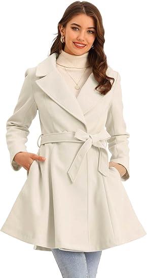 Allegra K Winter Pea Coats for Women Shawl Lapel Overcoat Single Breasted Belted Long Trench Coat Size S, Light Apricot