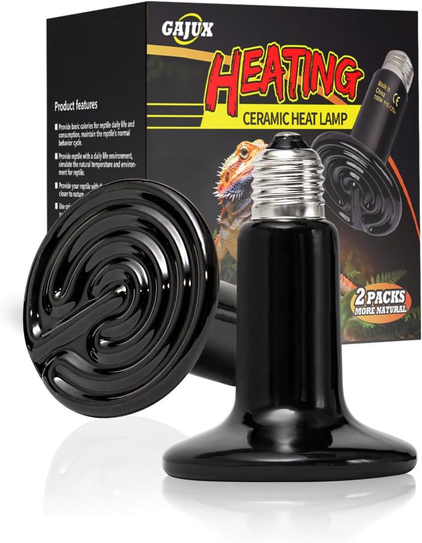 100W Ceramic Heat Emitter, 2 Pack Reptile Heat Bulbs, Ceramic Heat Lamp for Reptiles, Amphibian, Chicken, Dog, Cat, Snake, Chicken