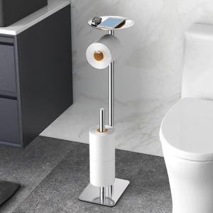Toilet Paper Holder Stand for Bathroom Floor Standing Toilet Roll Dispenser Storages 4 Reserve Rolls, with Top Storage Shelf for Cell Phones, Wipe, Wallet and More(Chrome)