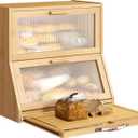 BMOSU Double-Layer Large Bread Box with Cutting Board for Kitchen Countertop Bread Box With Frosted Glass Window Bamboo Bread Box(Natural)