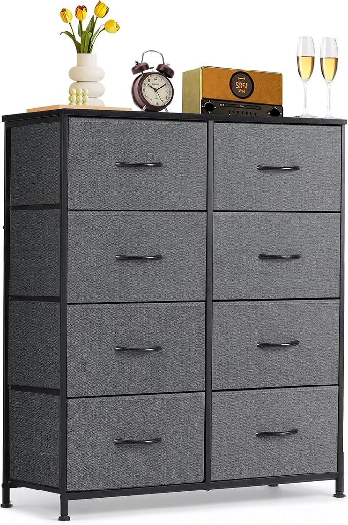 8-Drawer Dresser for Bedroom, Anti-Tip Tall Storage Organizer Chest of Drawers with Wooden Top and Metal Frame Fabric Bins for Closet, Living Room, Hallway, Entryway, Gray, 11.8"D x 31.4"W x 36.3"H