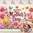 Happy Mother's Day Backdrop 7x5FT Tulip Butterfly Mothers Day Photography Background Best Mom Ever Party Decorations Supplies Photo Props