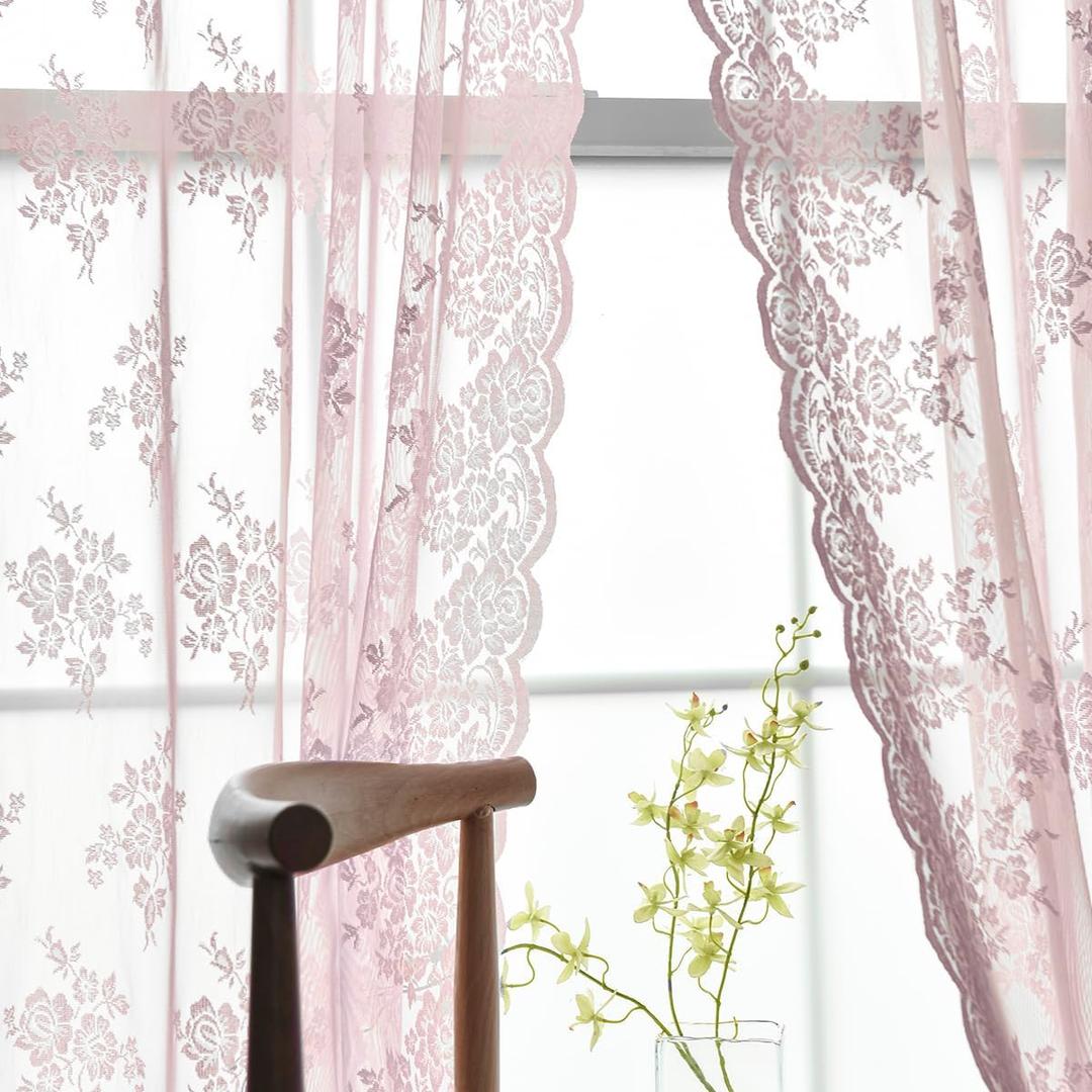 Kotile Pink Lace Curtains 84 Inches Long 2 Panels Set, Vintage Pink Floral Sheer Lace Curtains for Girls Bedroom, Privacy Grommet Lace Sheer Curtains for Windows, 52 x 84 Inch, Pink