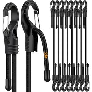 8-Piece 24-inch Adjustable Bungee Cords with Hooks, Heavy Duty Outdoor Carabiner Bungee Straps, Easily Adjust from 7" to 24", Black Super Elastic Cord for Cargo, Camping, Bike Racks, Tents