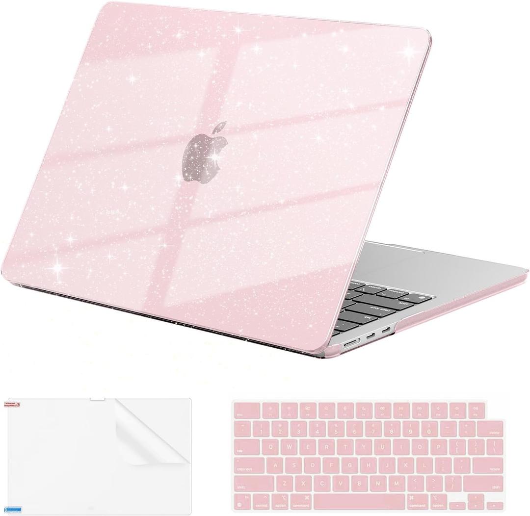 EooCoo Case Compatible with MacBook Air 13 inch M5 2026-2022 Release M4 M3 M2 A3449 A3240 A3113 A2681, Glitter Hard Shell&Keyboard Skin Cover&Screen Protector for Mac Air 13.6 inch, Sparkly Baby Pink