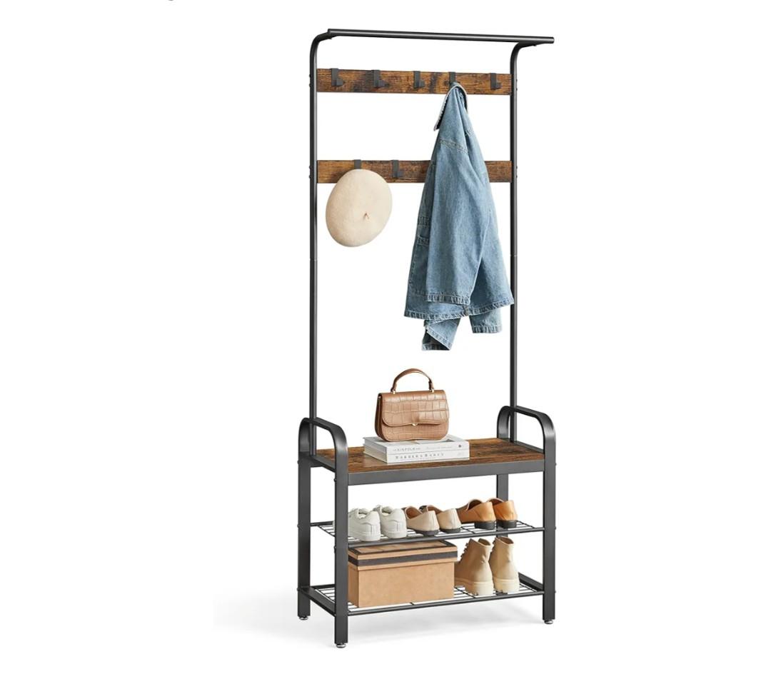 VASAGLE Coat Rack, Hall Tree with Shoe Bench for Entryway, Entryway Bench with Coat Rack, 4-in-1, with 9 Removable Hooks, a Hanging Rod, 13.3 x 28.3 x 72.1 Inches, Rustic Brown and Black UHSR40B