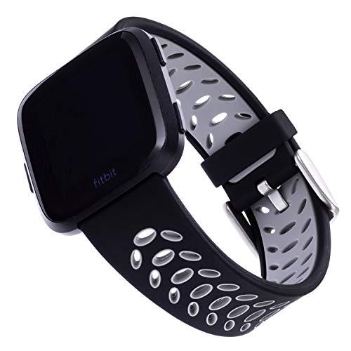 WITHit Designer Silicone Replacement Band for Fitbit Versa/Versa 2, Black/Gray Sport - Secure, Adjustable Stainless Steel Buckle Closure, Fitbit Watch Band Replacement, Fits Most Wrists