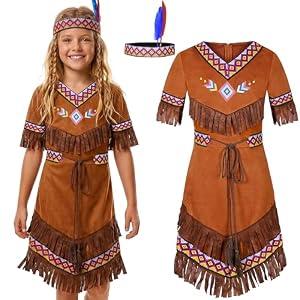 Frekuyrt Girls Native American Costume Indian Fancy Dress for Halloween Mardi Gras Dress Up (3-5 Years)