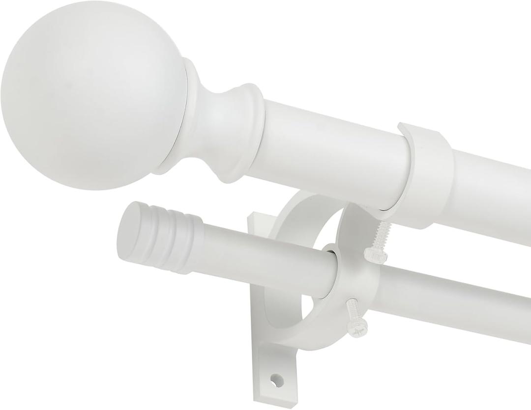 Double Curtain Rod 72-144", Double Drapery Rod with Round & Barrel Finials, White Window Curtain Rod, 1-Inch Front and 5/8 Inch Diameter Back Decorative Curtain Rods