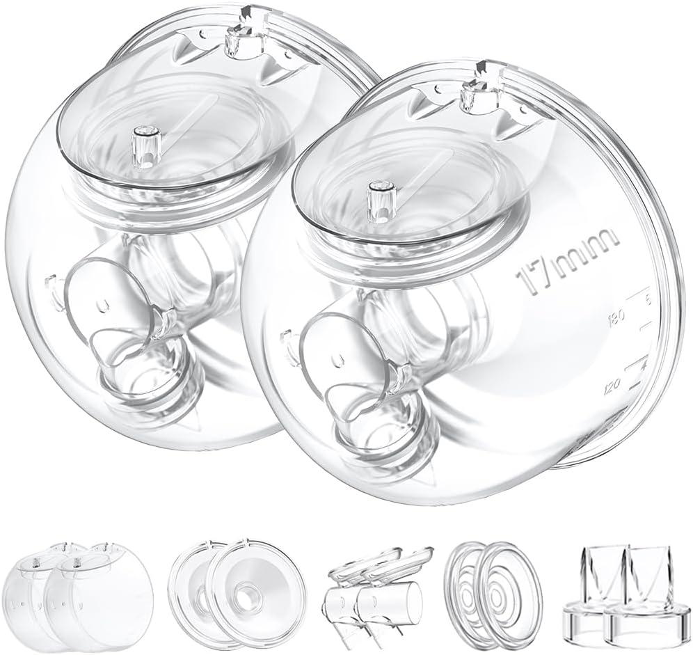 Two Full Milk Collector Cup Sets with 17mm Flange Compatible with Momcozy S12 Pro/S9 Pro Breast Pump, NOT for S9/S12, Replacement Pump Parts with Duckbill Valve, Flange, Diaphragm, Linker, Collector (2p Overall-17mm)