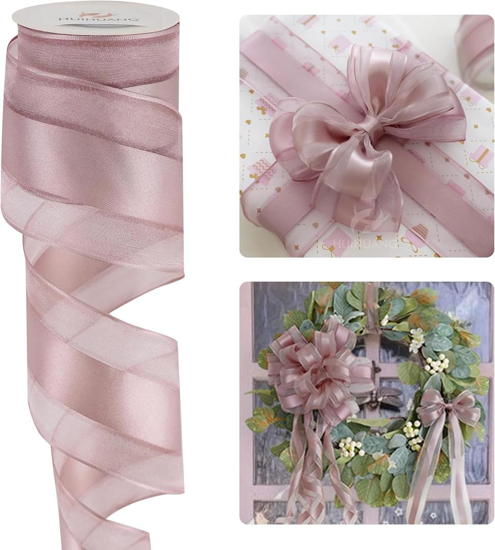 HUIHUANG Dusty Rose Sheer Wired Ribbon with Satin Stripe 2.5 inch Mauve Wire Ribbon for Bows Making, Wreaths, Gift Wrapping, Wedding Bridal Shower Decor, Christmas Tree-Continous 10 Yards