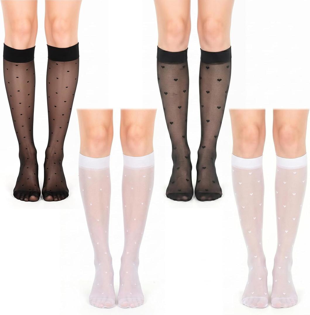4 Pairs Pattern Knee High Stockings for Women, Dot Sheer Thin Socks, Elegant Design and Stretchy Breathable Knee High Socks for Summer, Party, Various Occasions, Black White Polka Dots & Hearts
