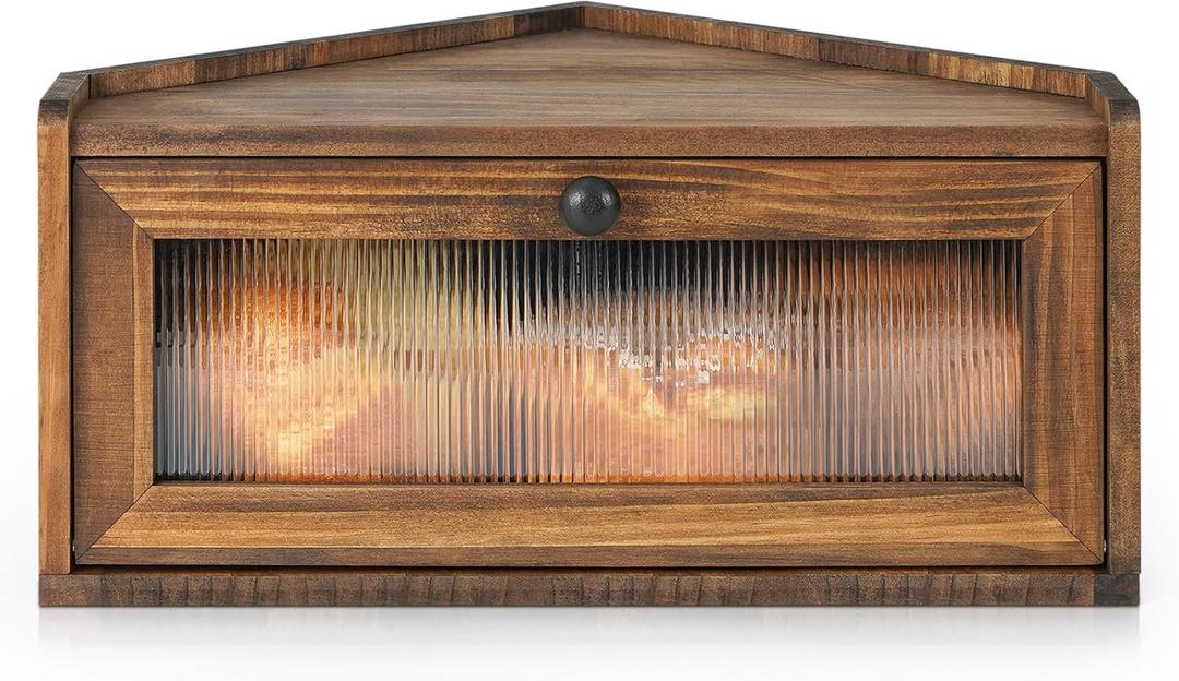 Sunhoo Bread Box for Kitchen Countertop Wooden Corner Breadbox Counter Food Storage Bin Container Farmhouse Rustic Homemade Bread Fresh Keeper Organizer Holder Vintage Stackable with Window (Brown)