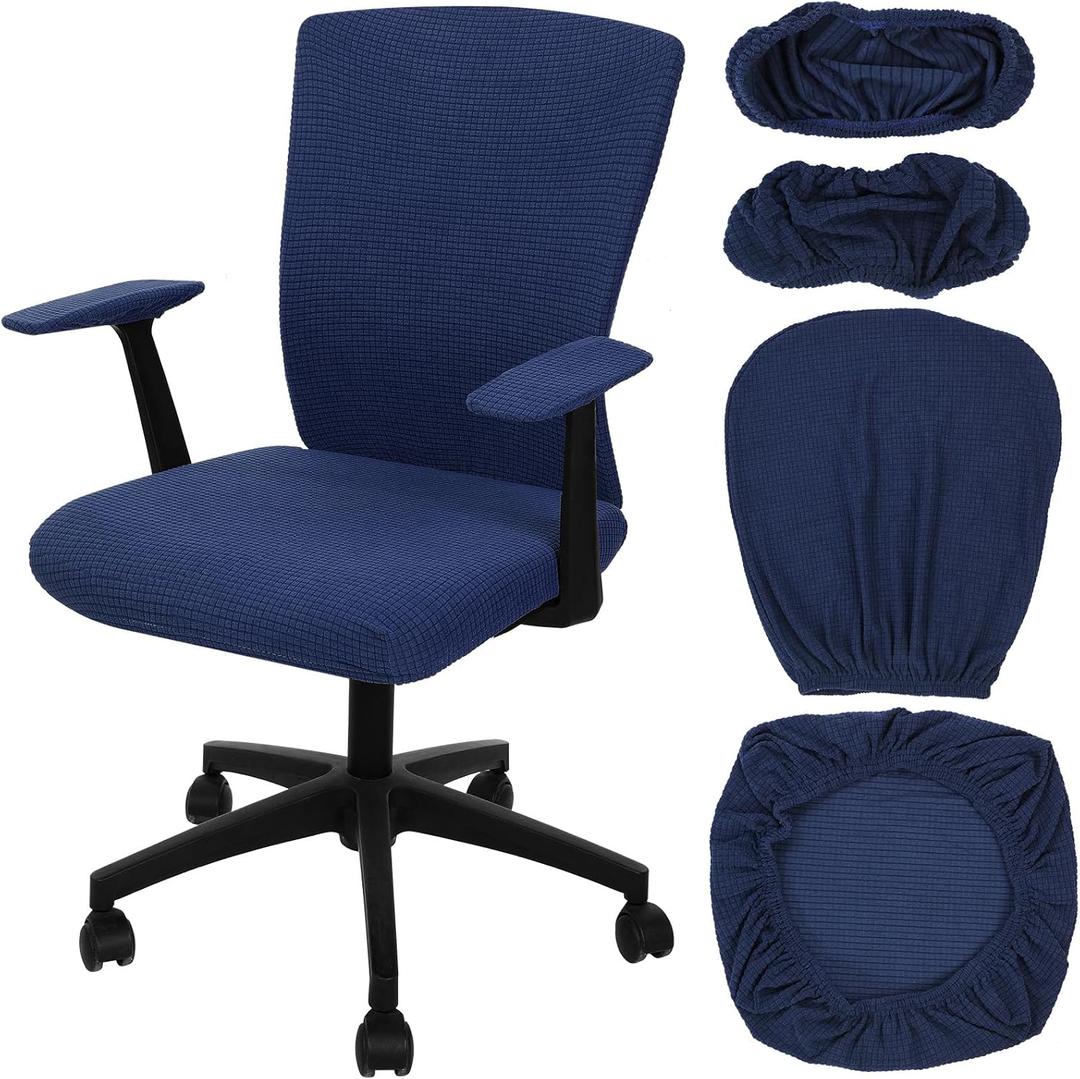 Tallew 4 Pcs Office Chair Covers Set Computer Universal Protective Stretchable Chair Seat Covers Desk Armrest Slipcovers Pads Office Cushion Backrest for Rotating (L,Navy Blue)
