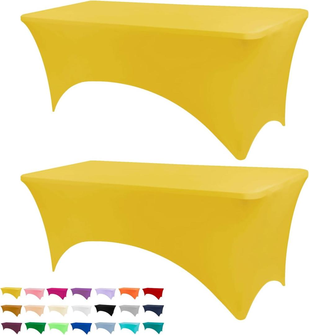 BDDC Table Covers for 6 Foot Tables, 2 Pack Yellow Washable and Wrinkle Resistant Stretch Tablecloths Rectangle 6ft for Events, Wedding, Banquets, Parties